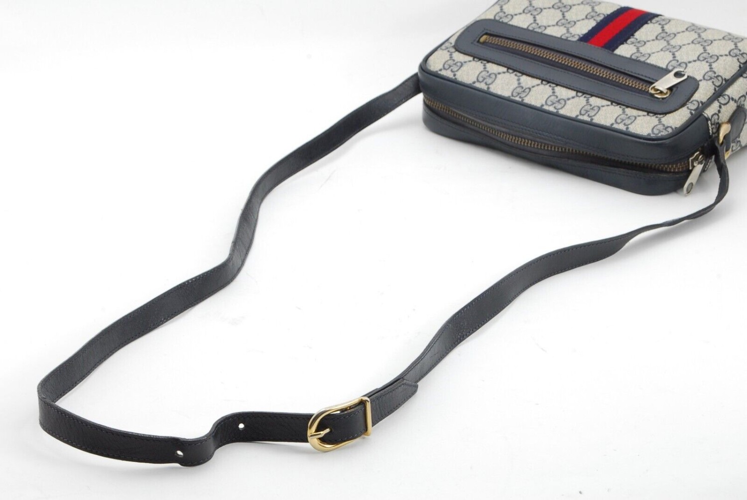 复古古驰单肩包 Sherry Line PVC 皮革海军蓝正品-