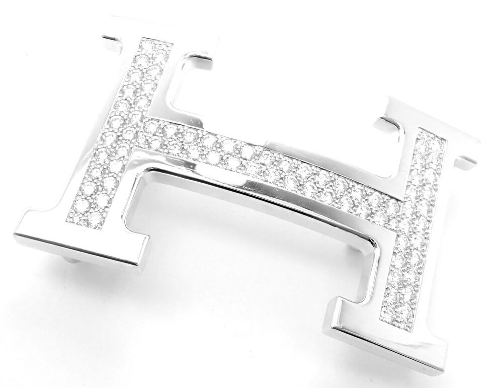 Authentic! Hermes 18k White Gold 3.79ct Diamond Large H Buckle & Reversible Belt