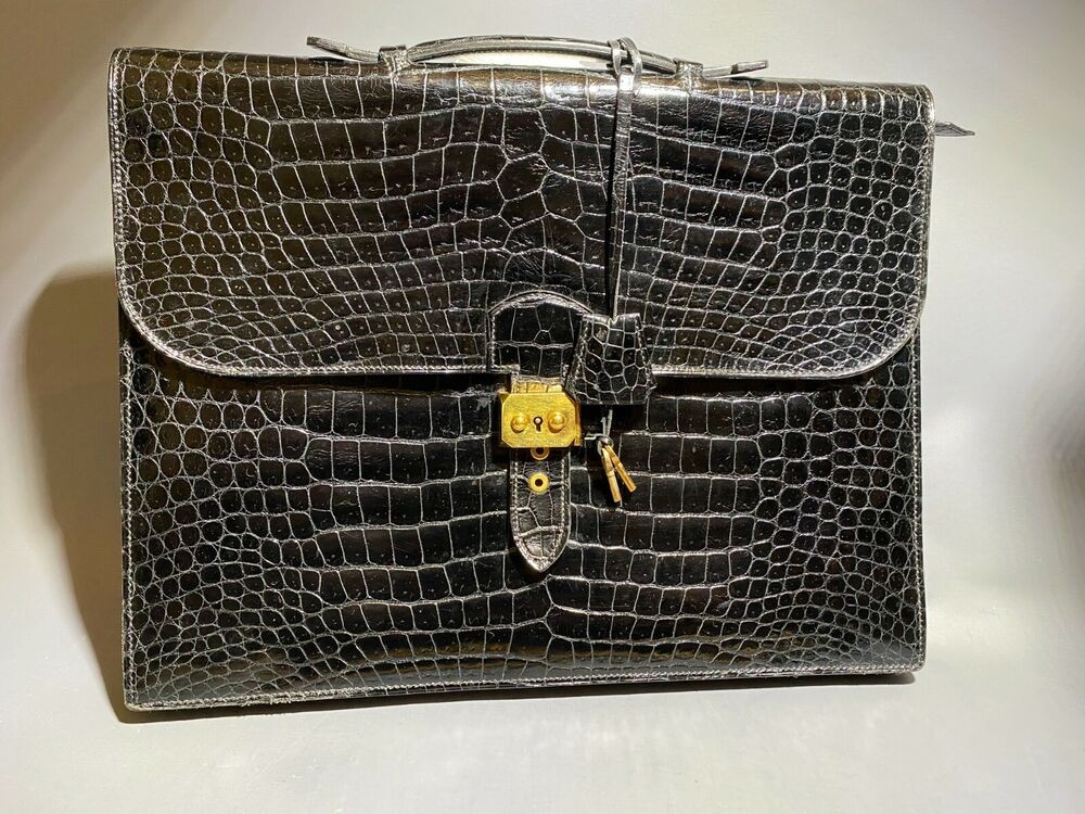 HERMES Sac A Depeche Briefcase Black Crocodile Porosus -