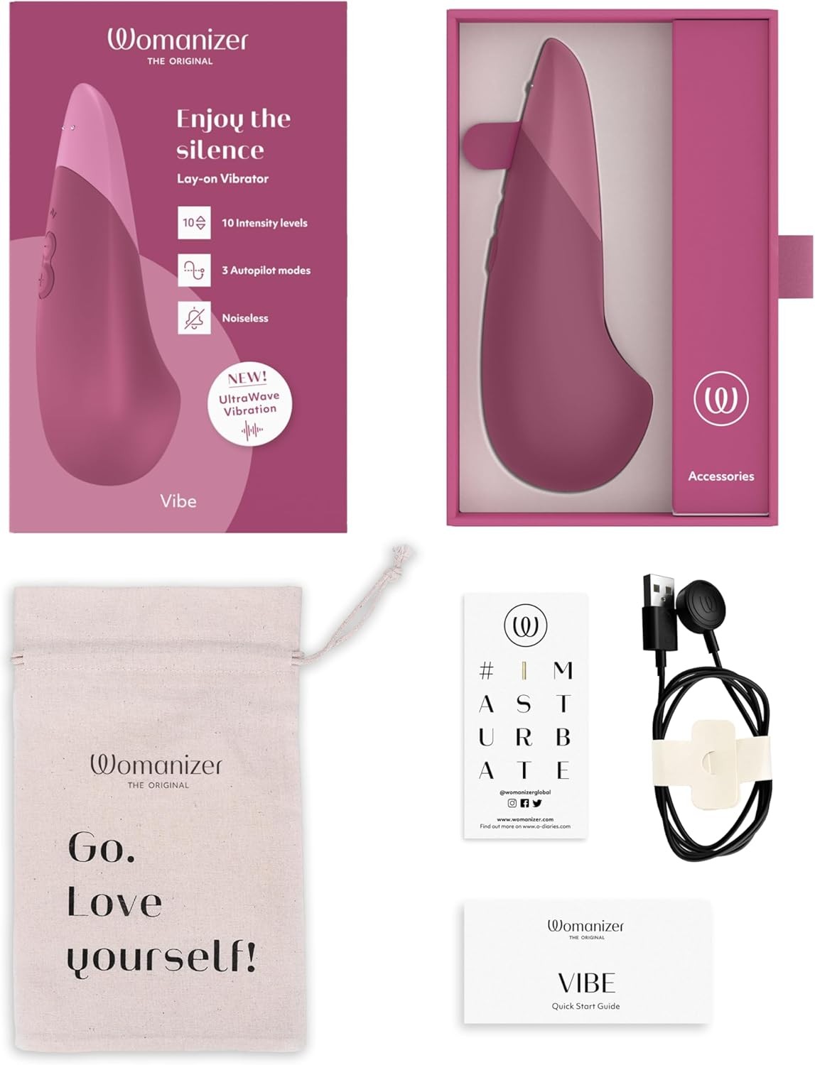 Womanizer Vibe Lay On Clitoris Vibrator for Women | Silent Clit Stimulation Adult Toys | Vibrating Sex Toy | Clitoral Stimulator for Woman with 10 Patterns & Speeds | Waterproof & Rechargeable | Pink