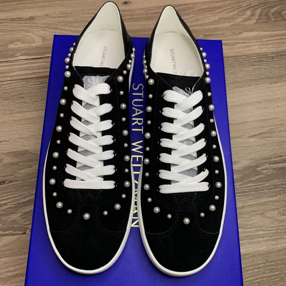STUART WEITZMAN Goldie Black Pearl Super Stud Conv Sneaker Suede SA315 NEW