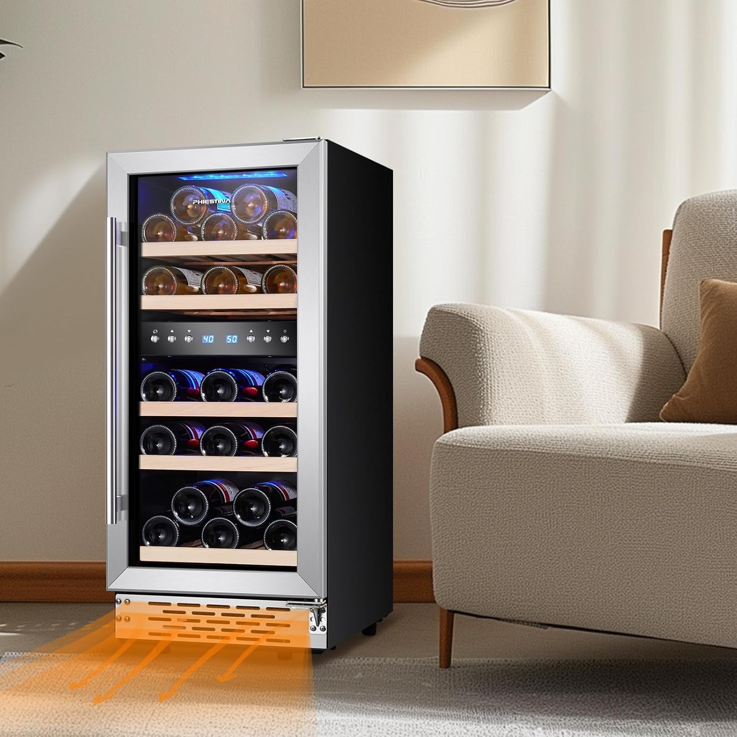 Phiestina Wine Fridge, 15 Inch Small Wine Cooler Refrigerator 31 Bottles Dual Zones Under Counter Temperature Control Built-in/Freestanding