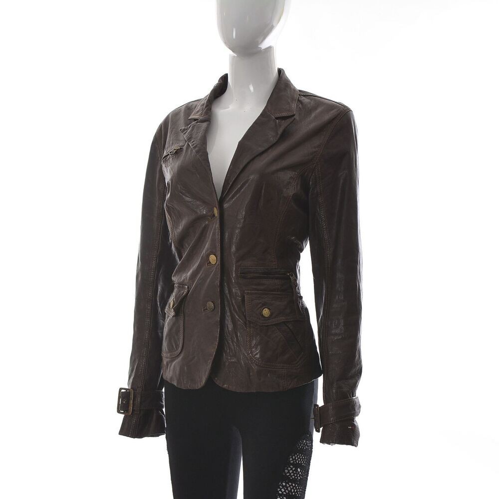 Tommy Hilfiger Denim Womens Brown Genuine Leather Motorcycle Blazer Jacket Large