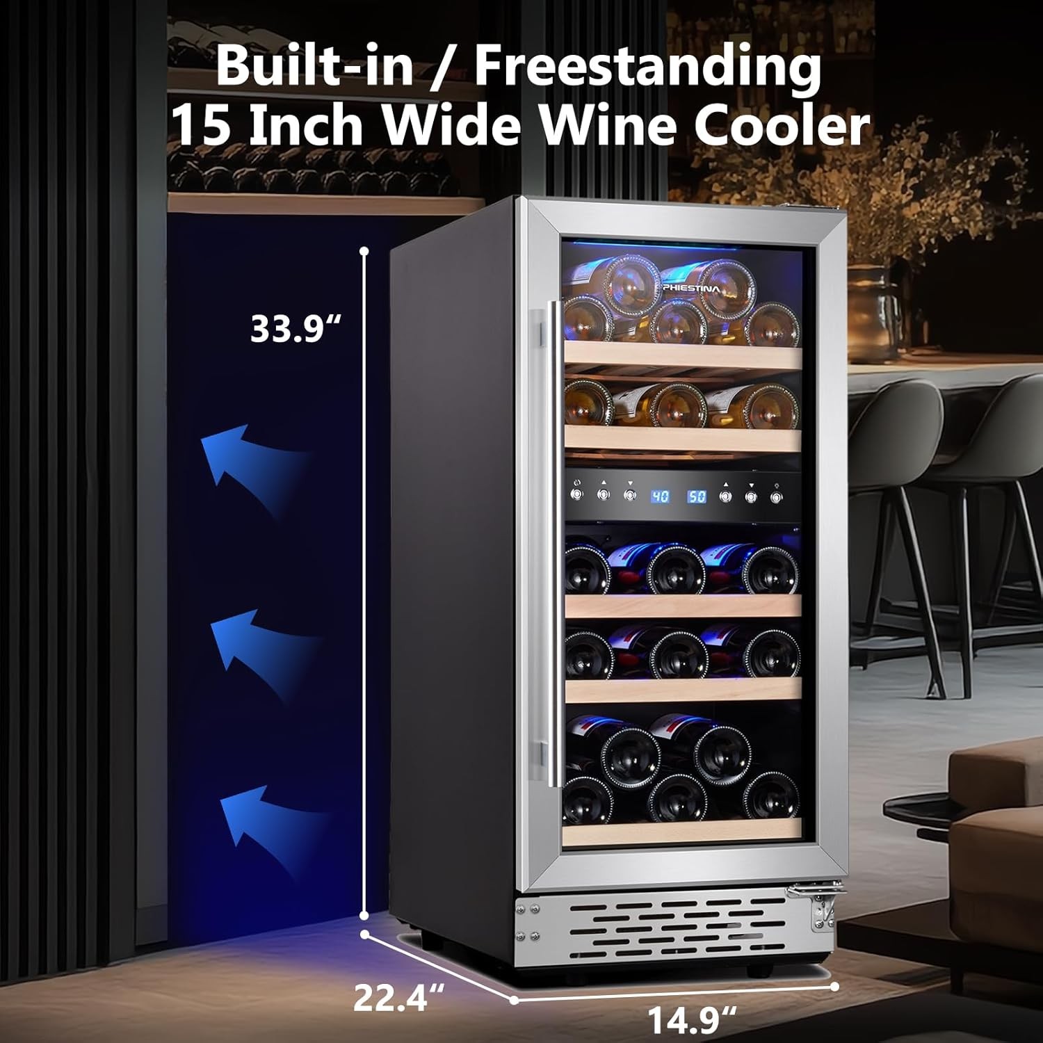 Phiestina Wine Fridge, 15 Inch Small Wine Cooler Refrigerator 31 Bottles Dual Zones Under Counter Temperature Control Built-in/Freestanding