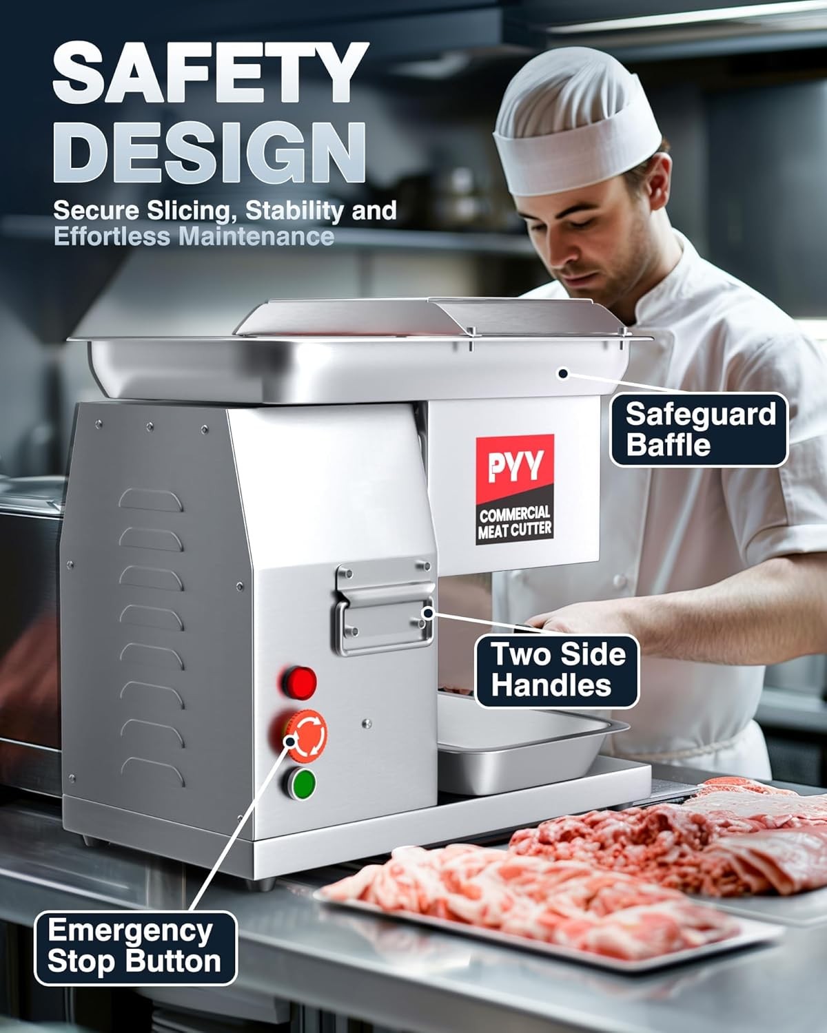 PYY Commercial Meat Cutter Machine - 550LB/H 800W Electric Meat Cutting Machine, Meat Shredding Machine 3mm Blade Commercial Meat Slicer Stainless Steel for Kitchen Restaurant