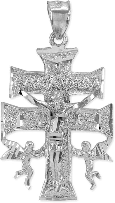 Religious Jewelry 14k White Gold Caravaca Double Cross with Angels Crucifix Pendant