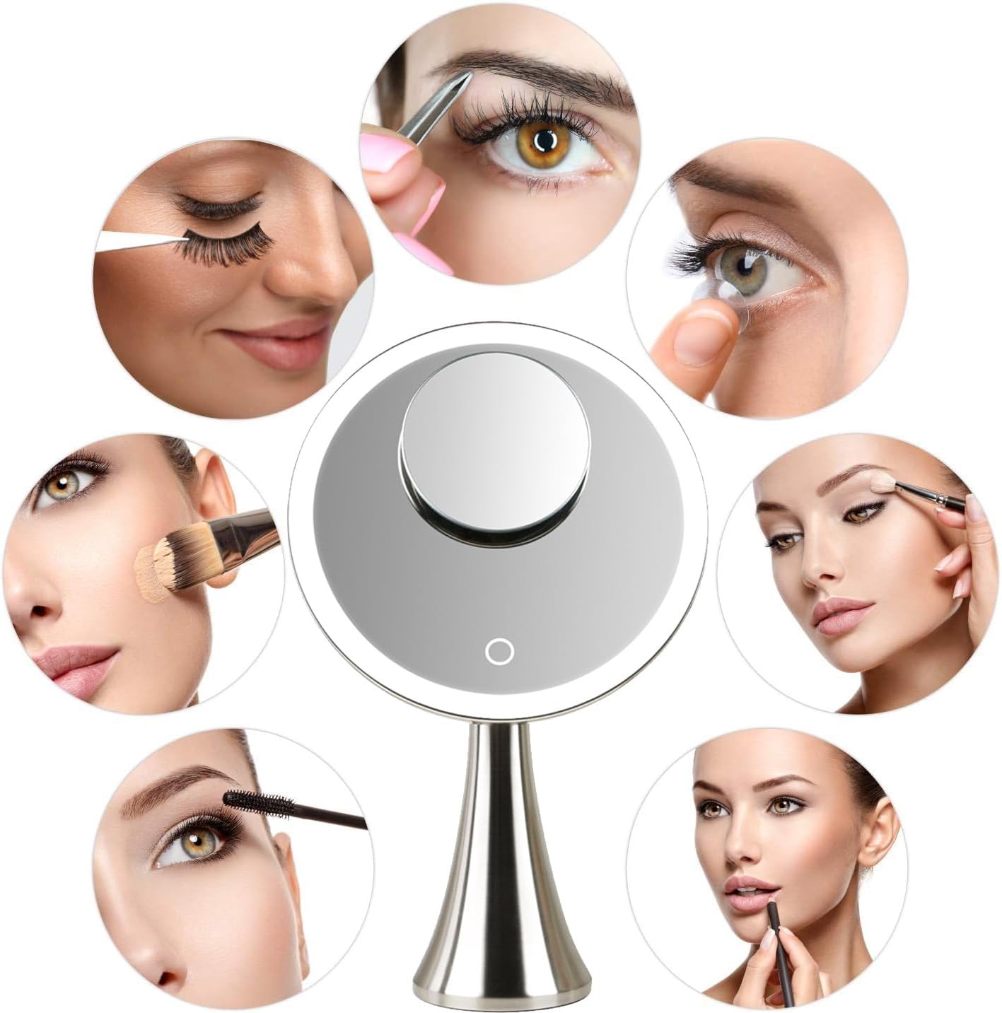 9" Illuminated Round Makeup Mirror, 5x/10x Dual Magnification, Beauty Mirror with Super Bright LED Light, Rechargeable, Cordless, Touch Control Adjustable Brightness, Brushed Stainless Steel