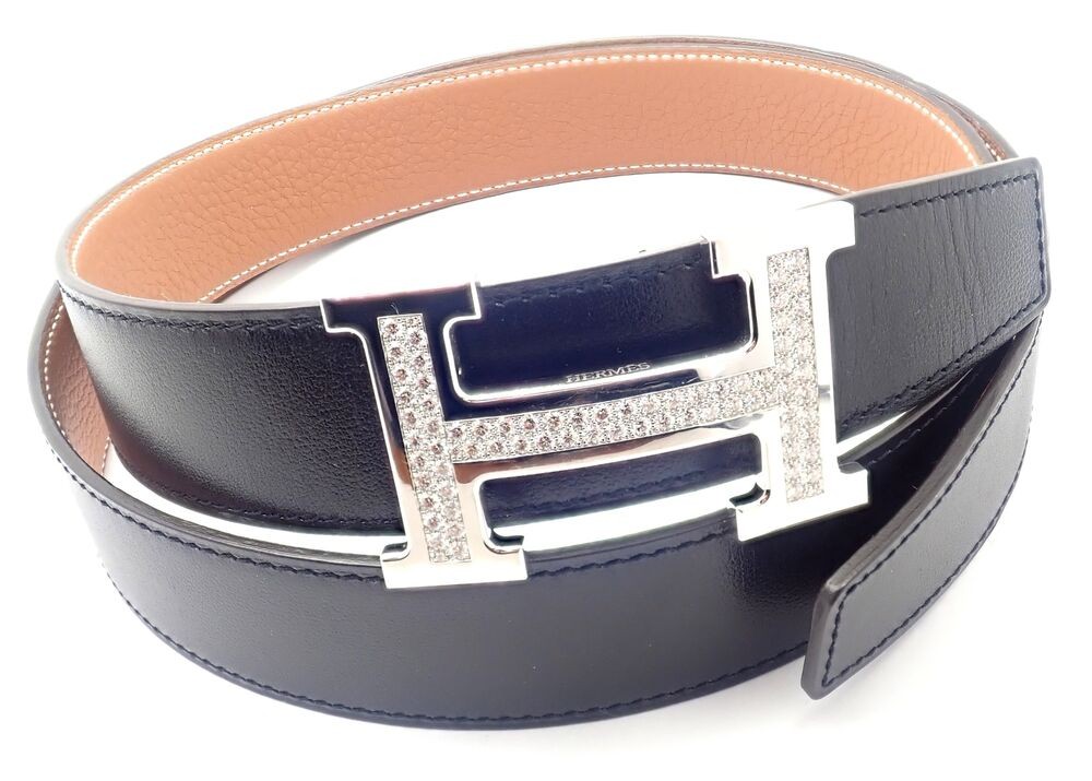 Authentic! Hermes 18k White Gold 3.79ct Diamond Large H Buckle & Reversible Belt