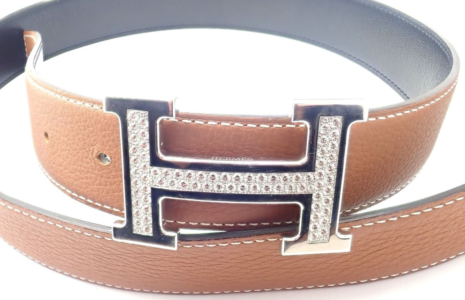 Authentic! Hermes 18k White Gold 3.79ct Diamond Large H Buckle & Reversible Belt