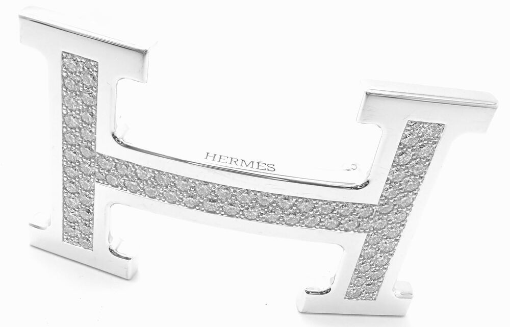 Authentic! Hermes 18k White Gold 3.79ct Diamond Large H Buckle & Reversible Belt