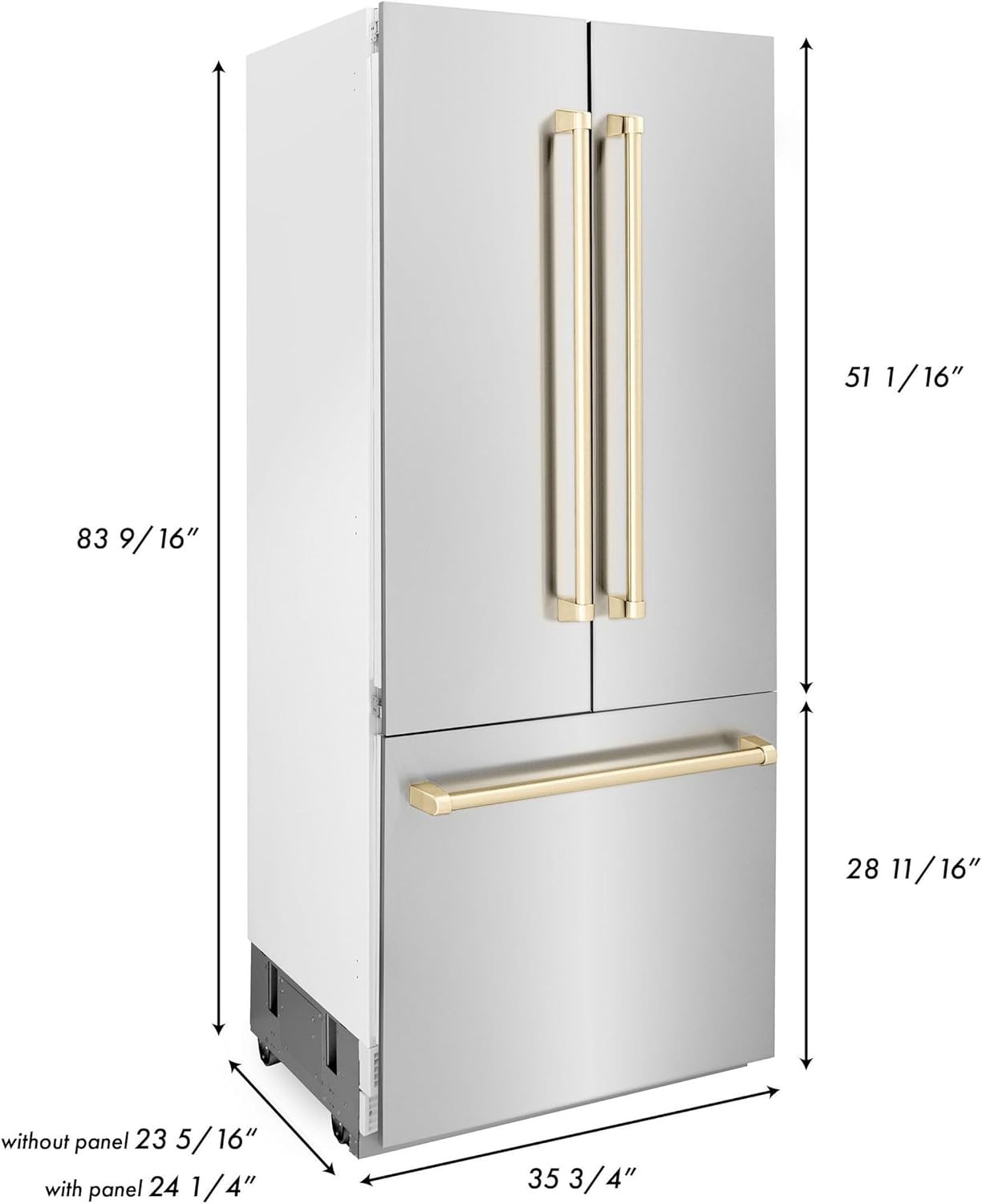 ZLINE RBIVZ-304-36-G ZLINE Autograph Edition 36 Inches 19.6 Cu. Foot French Door Built-In Bottom Freezer Refrigerator with Water Dispenser and Ice Maker in Stainless Steel with Polished Gold Accents
