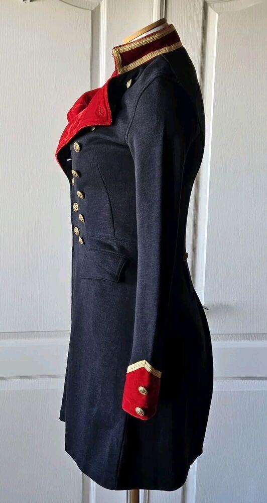 RARE Ralph Lauren Denim & Supply XS Black Red Velvet Military Long Coat Jacket