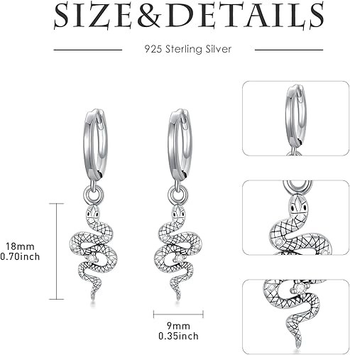 Diamond Snake Earrings for Women 925 Sterling Silver Cute Snake Hoop Dangle Earrings Snake Jewelry Gifts for Women Mom Wife Girlfriend Daughter, Sterling Silver, Diamond