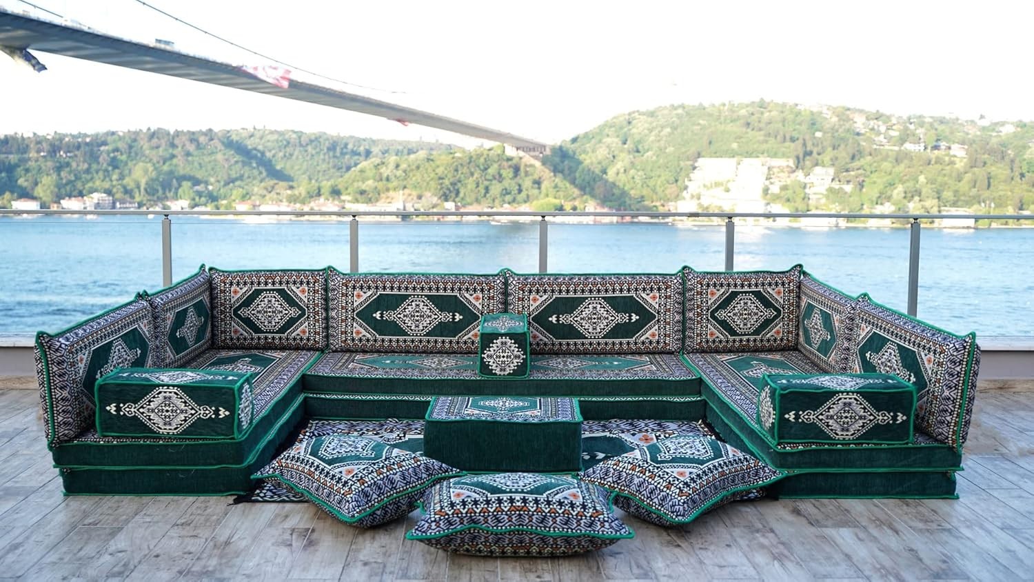 U Shaped Arabic Sofa Set, Floor Cushions, Patio Sofas, Floor Sofa, Pallet Sofa, Ethnic Sofa, Moroccan Rug, Sectional Sofas, Arabic Majlis Set (8'' Thickness Sofa, U Sofa Full Set, Green)
