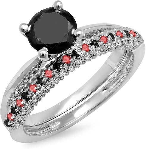 10K Gold Round Ruby and Black Diamond Women's Bridal Solitaire Engagement Ring with Wedding Band Set