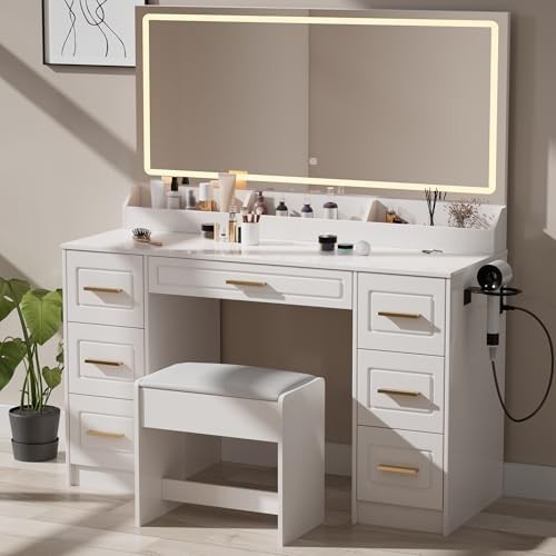 Dressing Table with Mirror and LED Light, 43 Inch Wide Makeup Table with Power Outlet, 3 Color Modes, 7 Drawer Dressing Table with Chair, Bedroom Dressing Room