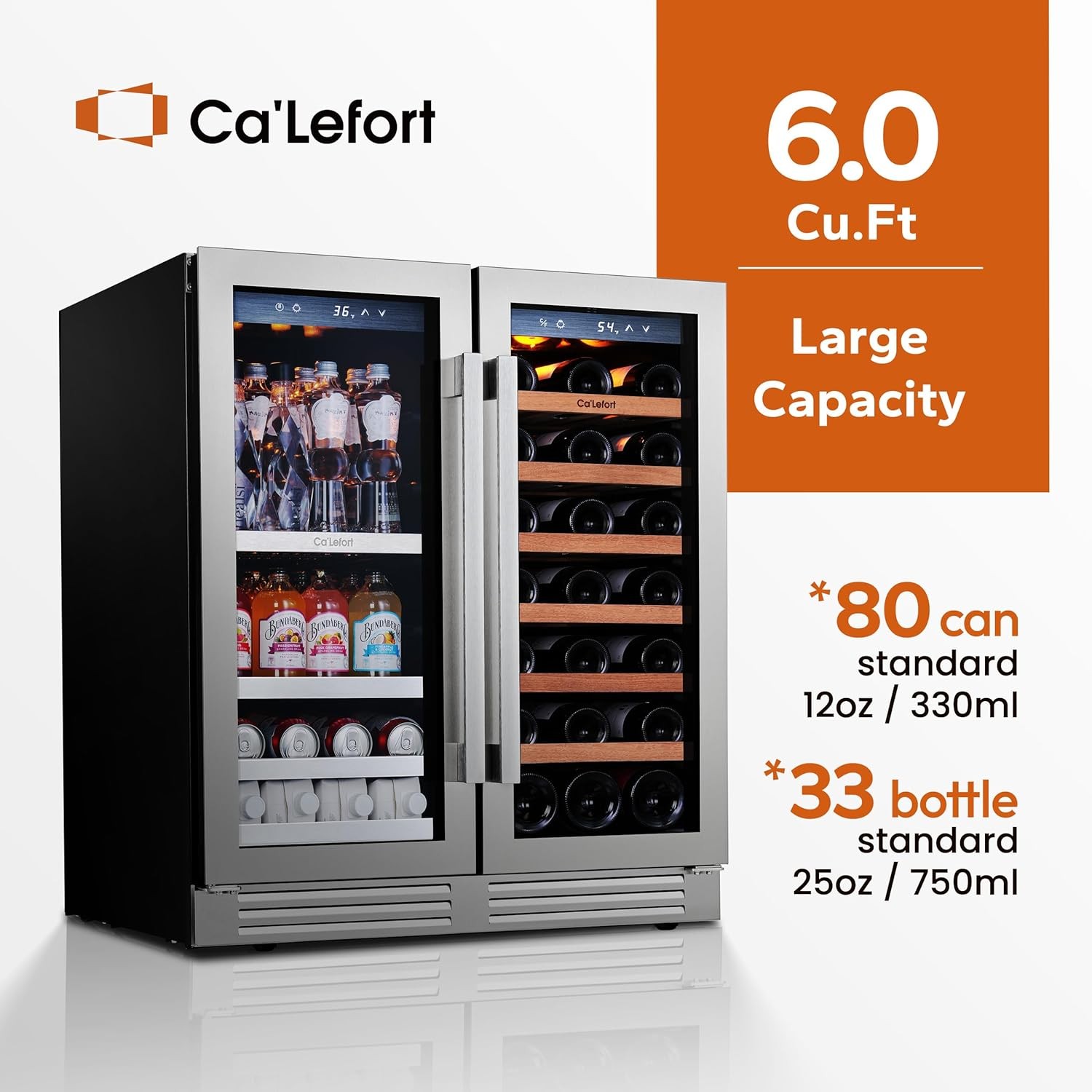 Ca'Lefort 30 Inch Wine and Beverage Refrigerator, 80 Can and 33 Bottle Wine Fridge Dual Zone 36-72°F, 3 LED Beverage Fridge Built in or Freestanding, Perfect for Home/Kitchen(6.00 cu.ft)