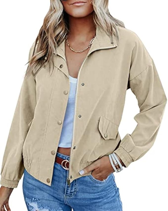 Valpweet Women's Military Jacket Lightweight Zip Snap Jacket With Pockets