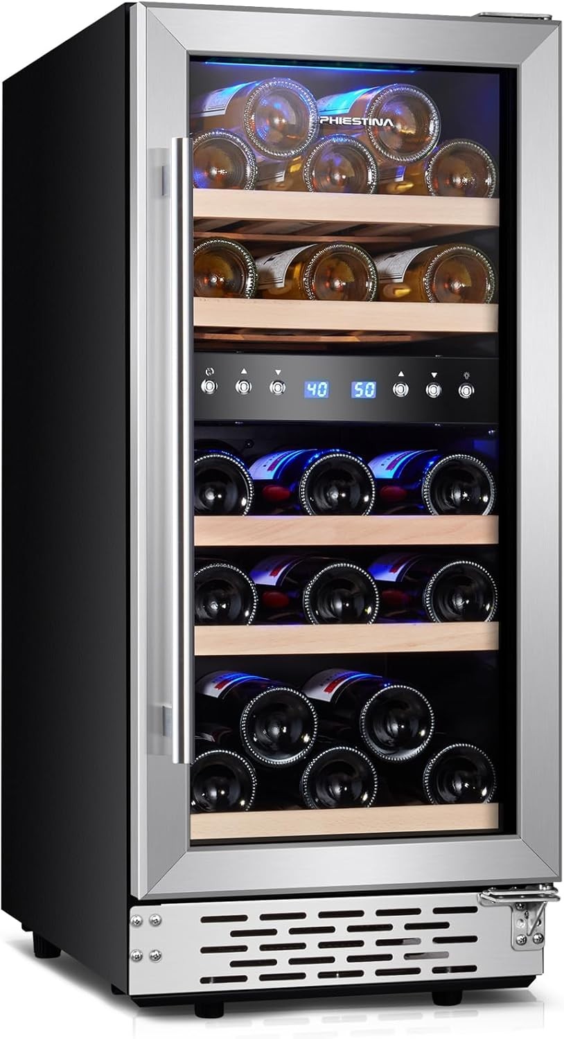 Phiestina Wine Fridge, 15 Inch Small Wine Cooler Refrigerator 31 Bottles Dual Zones Under Counter Temperature Control Built-in/Freestanding