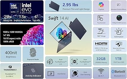 Acer Swift 14 AI Copilot+ PC | 14-inch WUXGA 16:10 touch display | Intel Core Ultra 7 processor 258V | Intel Evo Edition | Intel ARC 140V | 32GB LPDDR5X | 1TB Gen 4 SSD | Killer Wi-Fi 7 | SF14- 51T-75