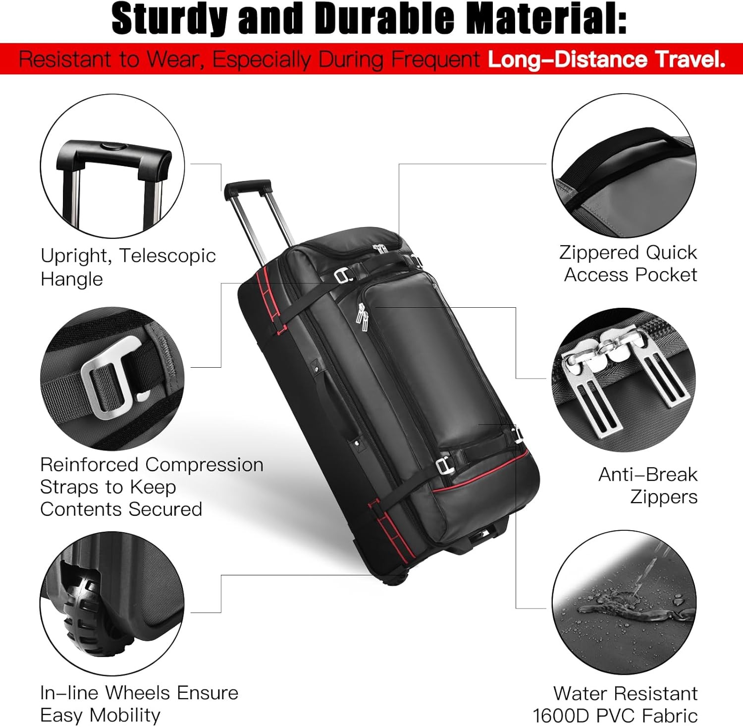 Trolley Duffel Bag with Wheels – 100L Large Travel Bag with 4 Handles, Compression Straps, Heavy Duty Duffel Bag for Travel Wheeled Luggage, Expandable Luggage, Luggage for Long Distance Trips, Elegan