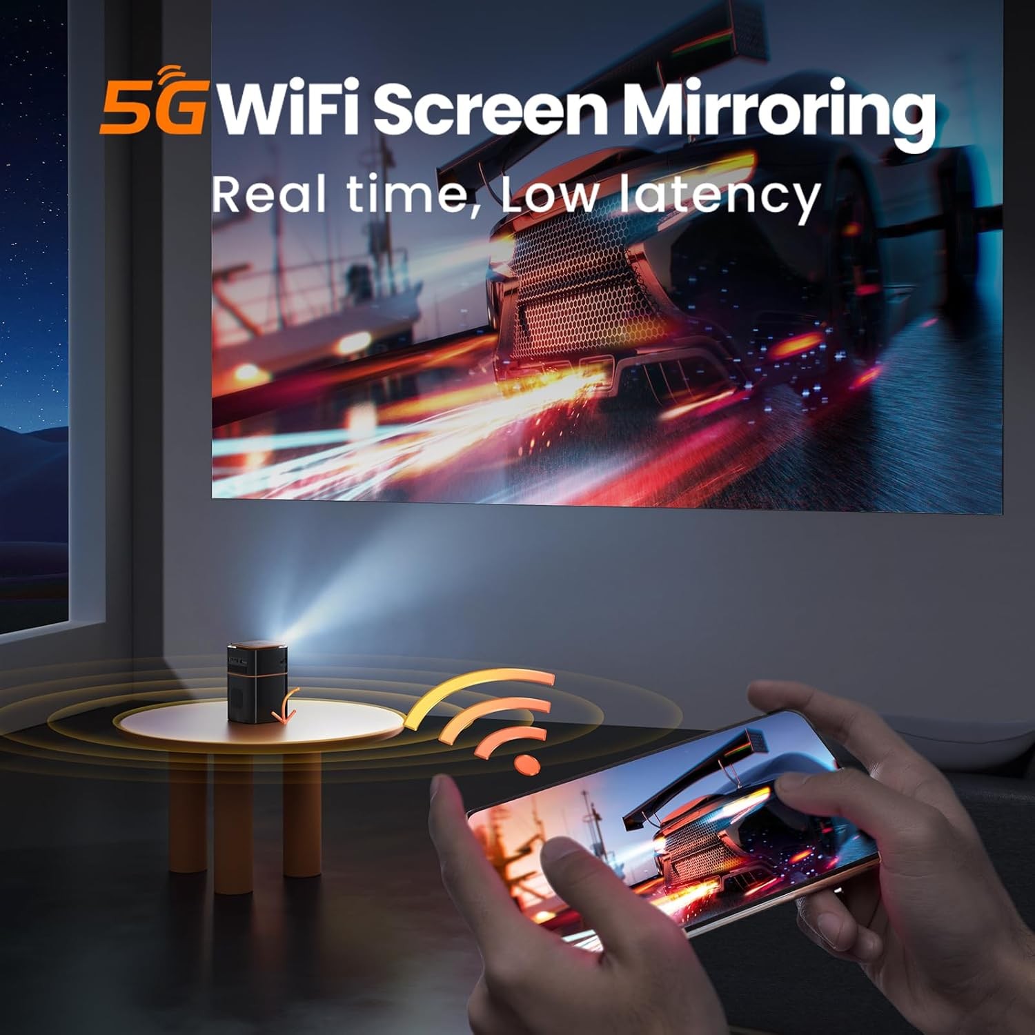 FATORK Mini Projector, 5G WiFi 6 Bluetooth Short Throw Projector, HD 1080P DLP Portable Projector with Rechargeable Battery, 1G Memory, Support Mobile Phone Laptop, Compatible with iOS/Android/HDMI/US