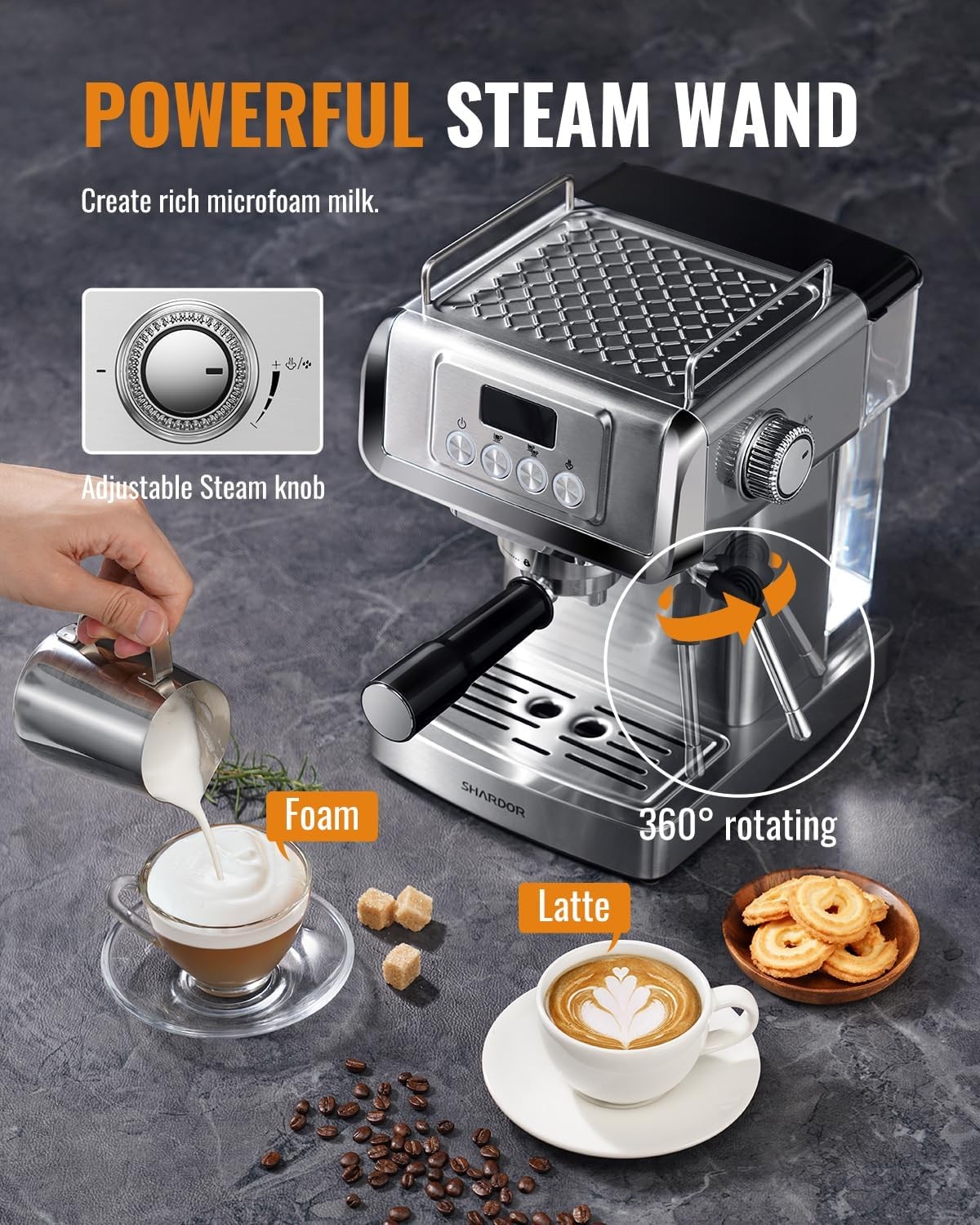 SHARDOR 20-Bar Espresso Machine for Home Barista, Built-In Steam Wand for Latte & Cappuccino, Stainless Steel Coffee Maker with Temp Display, 1350W, 60oz Water Reservoir
