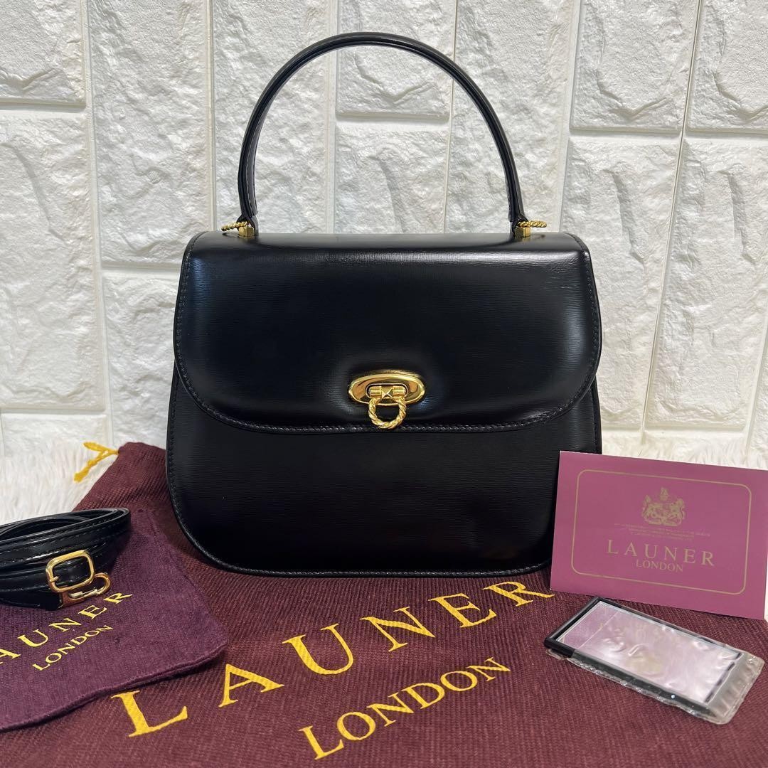 Authentic launer london top handle bag formal leather black vintage from japana
