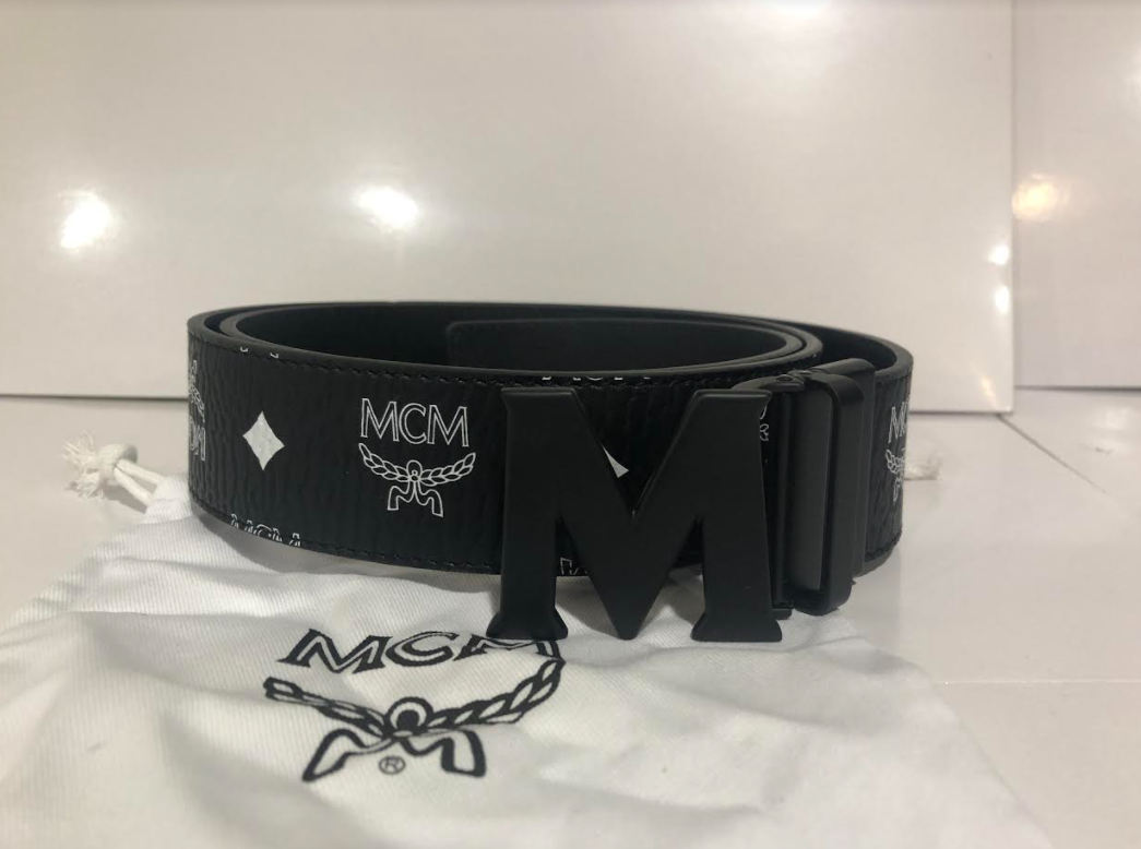 Authentic adjustable double-sided black MCM belt with black buckle-