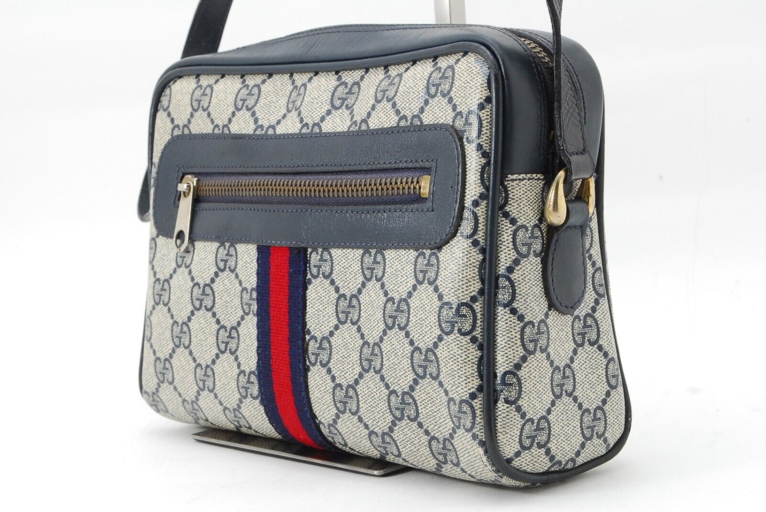 复古古驰单肩包 Sherry Line PVC 皮革海军蓝正品-