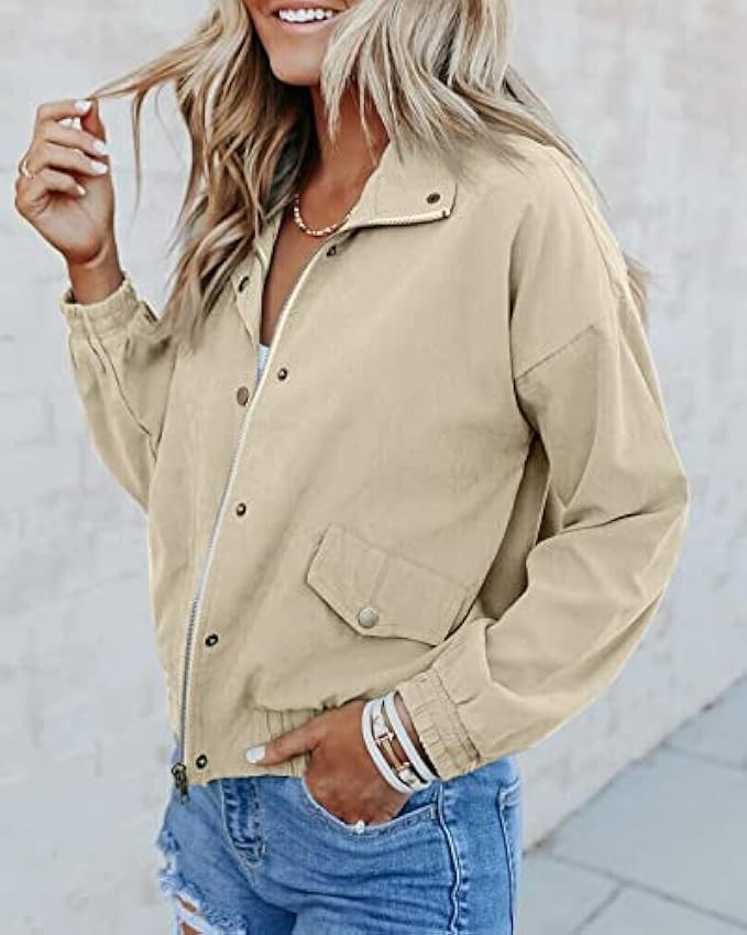 Valpweet Women's Military Jacket Lightweight Zip Snap Jacket With Pockets