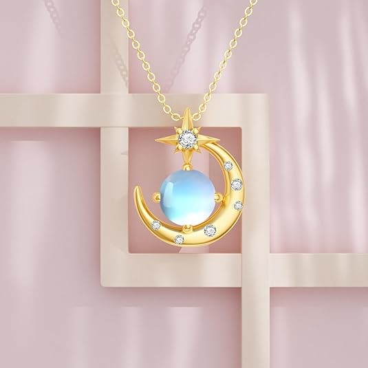 14K Gold Moon and Star Necklace for Women Solid 14K Gold Moon Star Pendant Necklace with Moonstone Birthday Anniversary Jewelry Gift