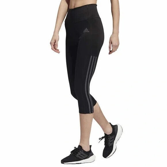 adidas Womens' 3-Stripe High Rise Waistband 3/4 Capri Leggings