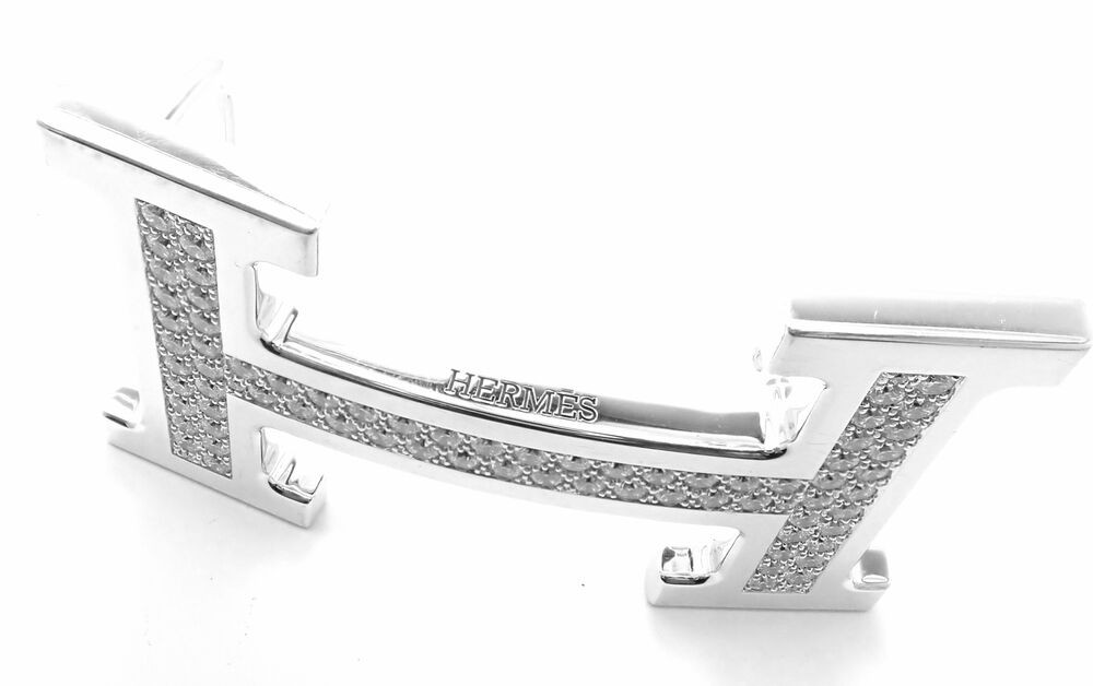 Authentic! Hermes 18k White Gold 3.79ct Diamond Large H Buckle & Reversible Belt
