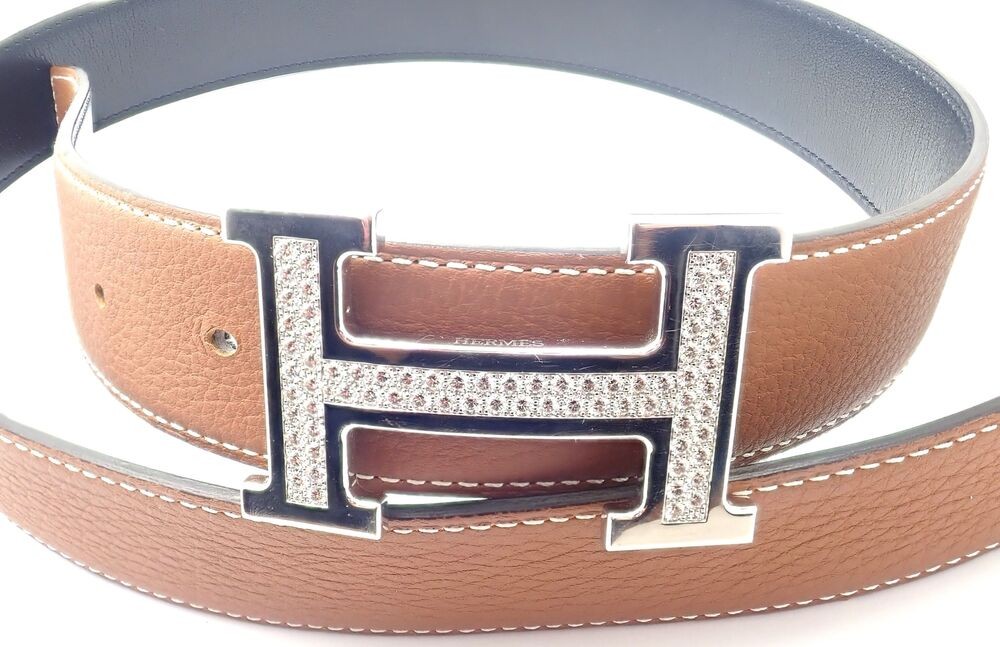 Authentic! Hermes 18k White Gold 3.79ct Diamond Large H Buckle & Reversible Belt