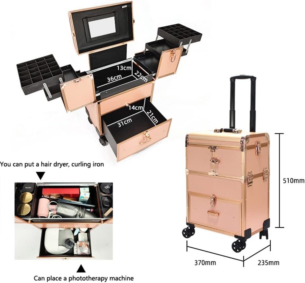Trolley Cosmetic Bag Beauty Luggage With Wheels Makeup Nail Box Professional Beauty Trolley Case Rose Gold Suitcase