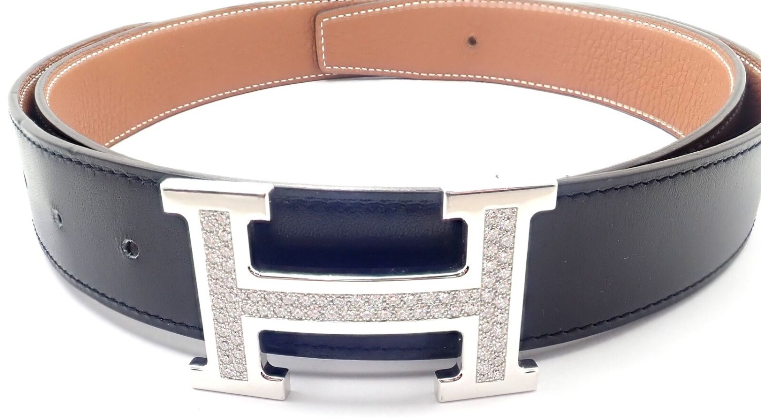 Authentic! Hermes 18k White Gold 3.79ct Diamond Large H Buckle & Reversible Belt