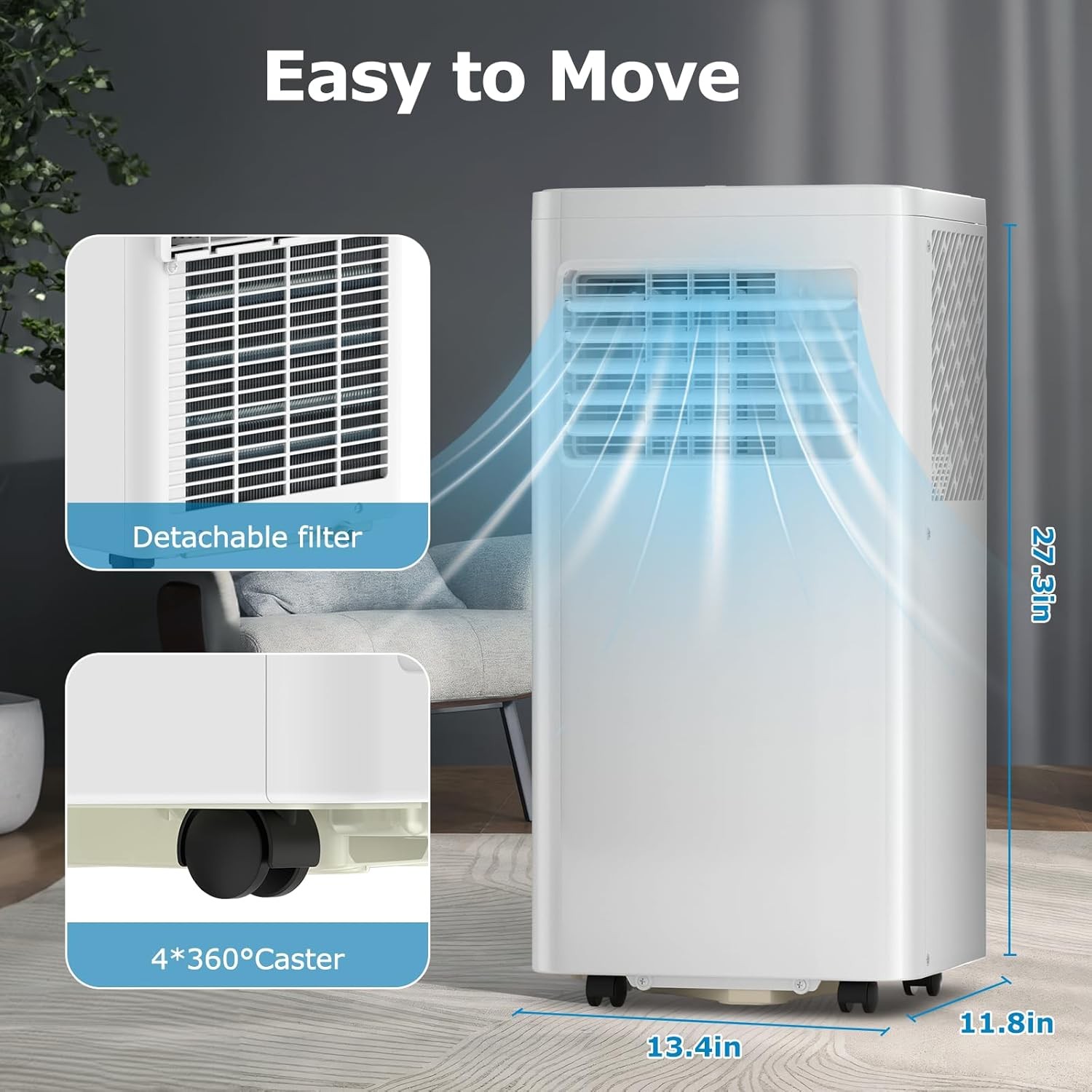3-in-1 Portable Air Conditioners，10000BTU Portable AC Units Cools 450 Sq.Ft. with 24H Timer Remote Control，Easy Install Kit for Bedroom, Office, Dorm