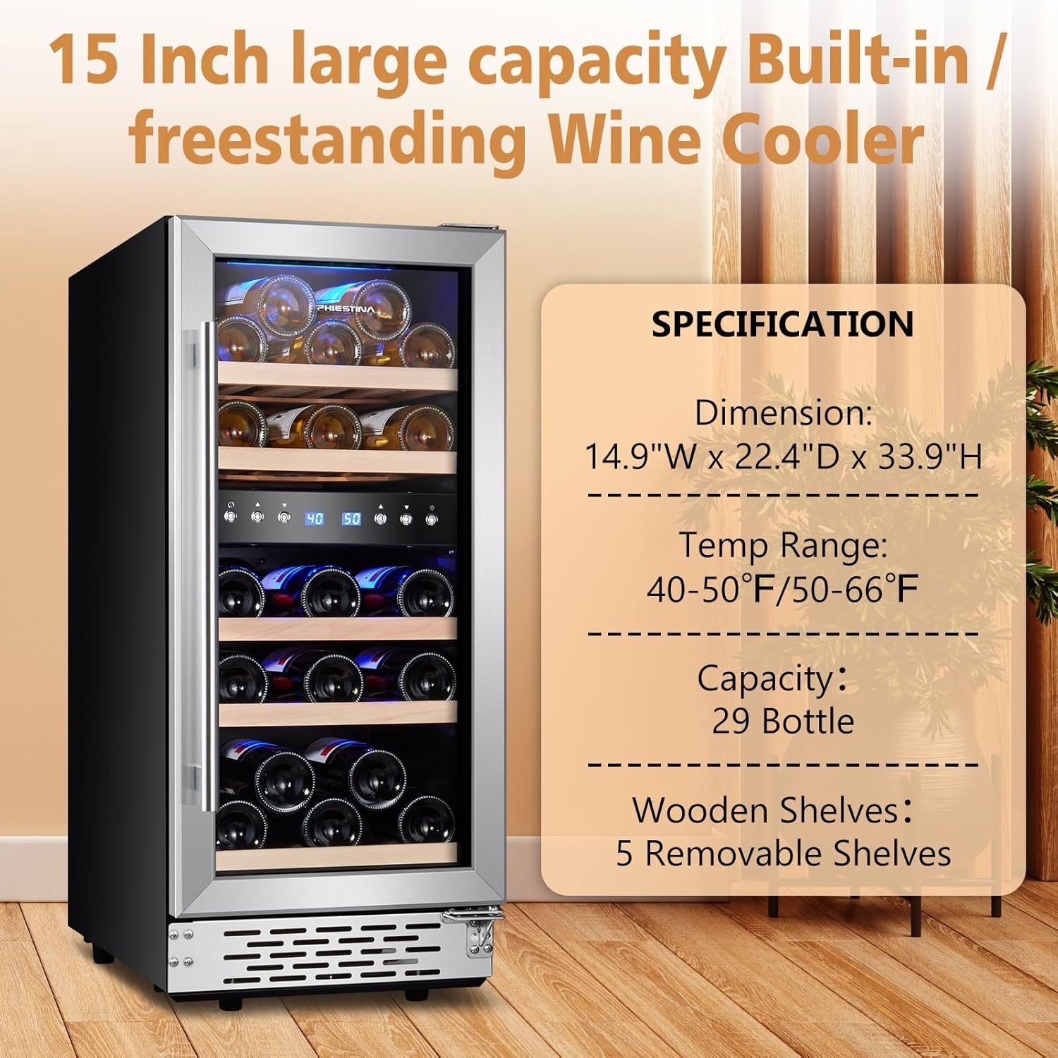 Phiestina Wine Fridge, 15 Inch Small Wine Cooler Refrigerator 31 Bottles Dual Zones Under Counter Temperature Control Built-in/Freestanding