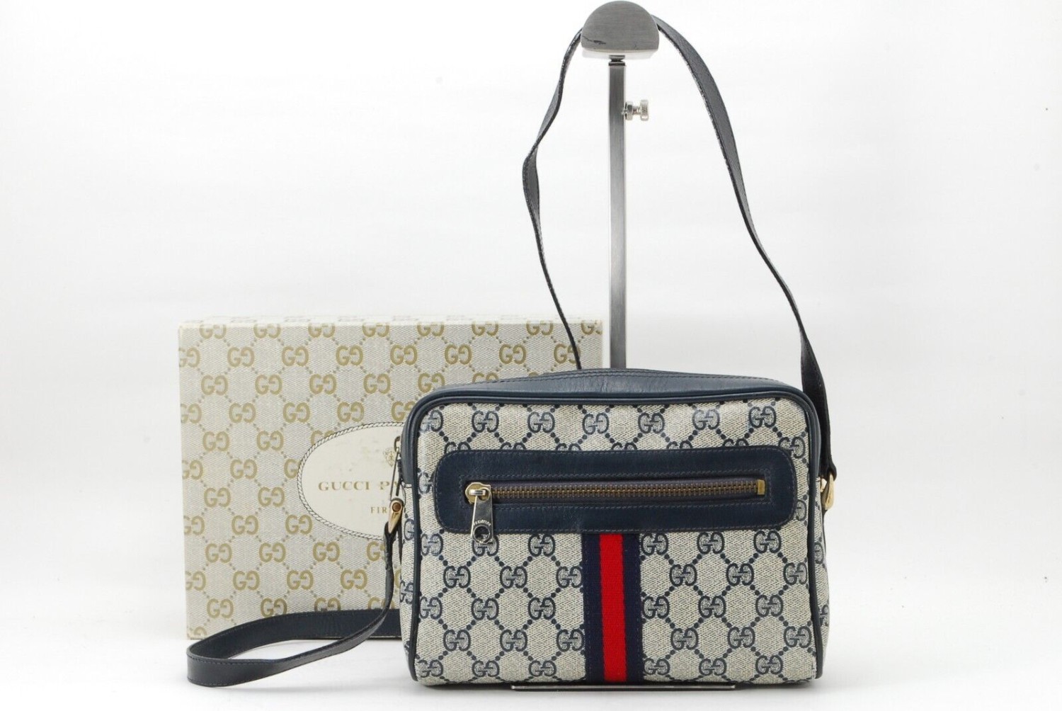 复古古驰单肩包 Sherry Line PVC 皮革海军蓝正品-