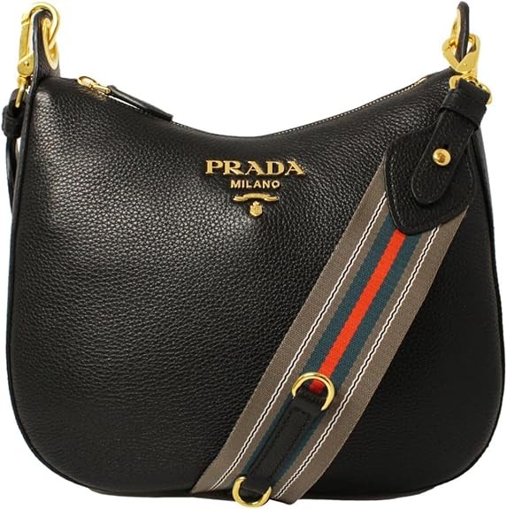 Prada Black Vitello Phenix Leather Mesh Stripe Shoulder Strap Crossbody Bag 1BC166, Black