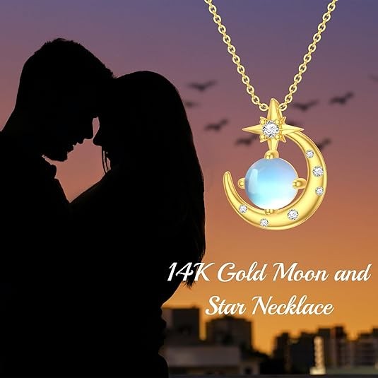 14K Gold Moon and Star Necklace for Women Solid 14K Gold Moon Star Pendant Necklace with Moonstone Birthday Anniversary Jewelry Gift