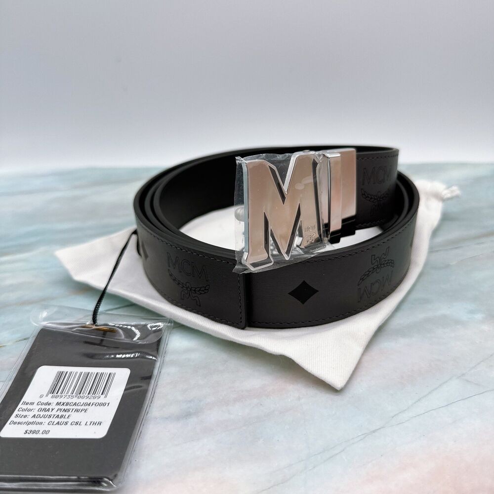 Mcmcclaus smooth visetos logo gray leather double-sided M buckle-