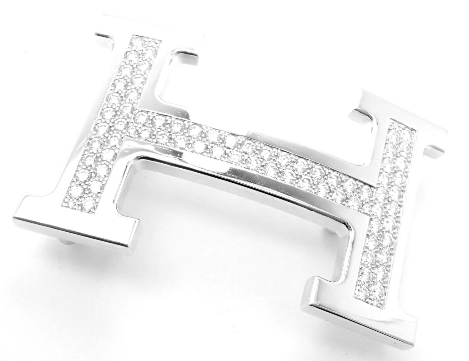 Authentic! Hermes 18k White Gold 3.79ct Diamond Large H Buckle & Reversible Belt