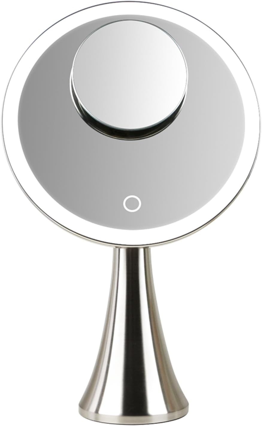 9" Illuminated Round Makeup Mirror, 5x/10x Dual Magnification, Beauty Mirror with Super Bright LED Light, Rechargeable, Cordless, Touch Control Adjustable Brightness, Brushed Stainless Steel