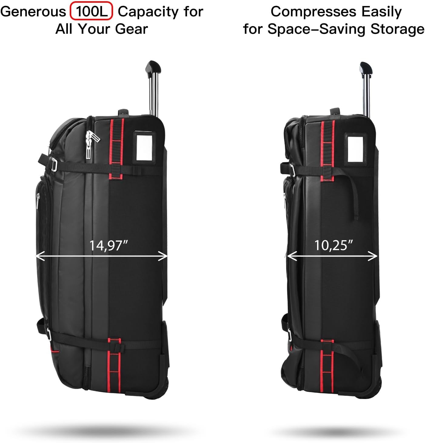 Trolley Duffel Bag with Wheels – 100L Large Travel Bag with 4 Handles, Compression Straps, Heavy Duty Duffel Bag for Travel Wheeled Luggage, Expandable Luggage, Luggage for Long Distance Trips, Elegan