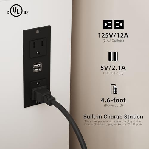 Dressing Table with Mirror and LED Light, 43 Inch Wide Makeup Table with Power Outlet, 3 Color Modes, 7 Drawer Dressing Table with Chair, Bedroom Dressing Room