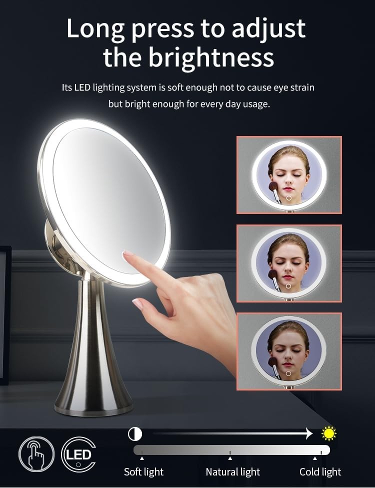 9" Illuminated Round Makeup Mirror, 5x/10x Dual Magnification, Beauty Mirror with Super Bright LED Light, Rechargeable, Cordless, Touch Control Adjustable Brightness, Brushed Stainless Steel