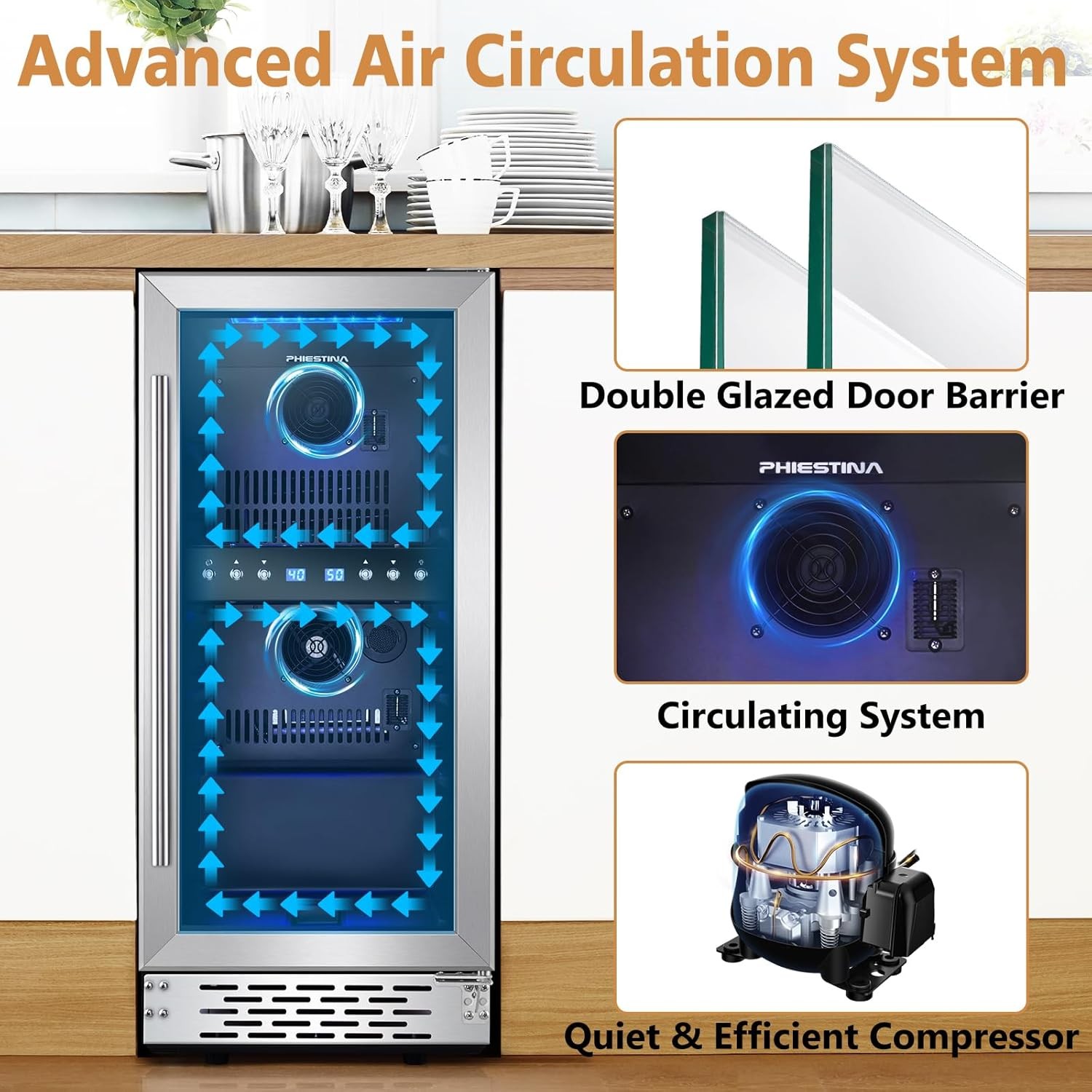 Phiestina Wine Fridge, 15 Inch Small Wine Cooler Refrigerator 31 Bottles Dual Zones Under Counter Temperature Control Built-in/Freestanding